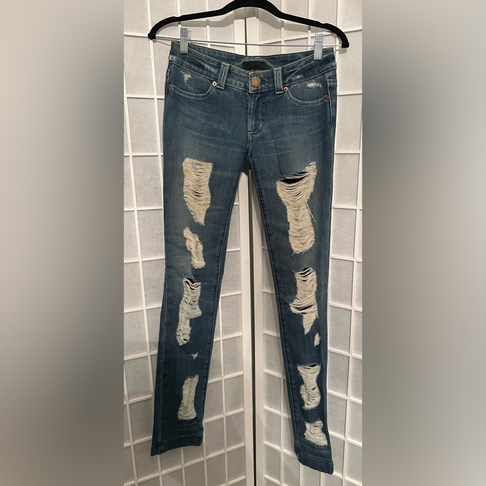 BEBE Distressed Fishnet Blue Denim Jeans